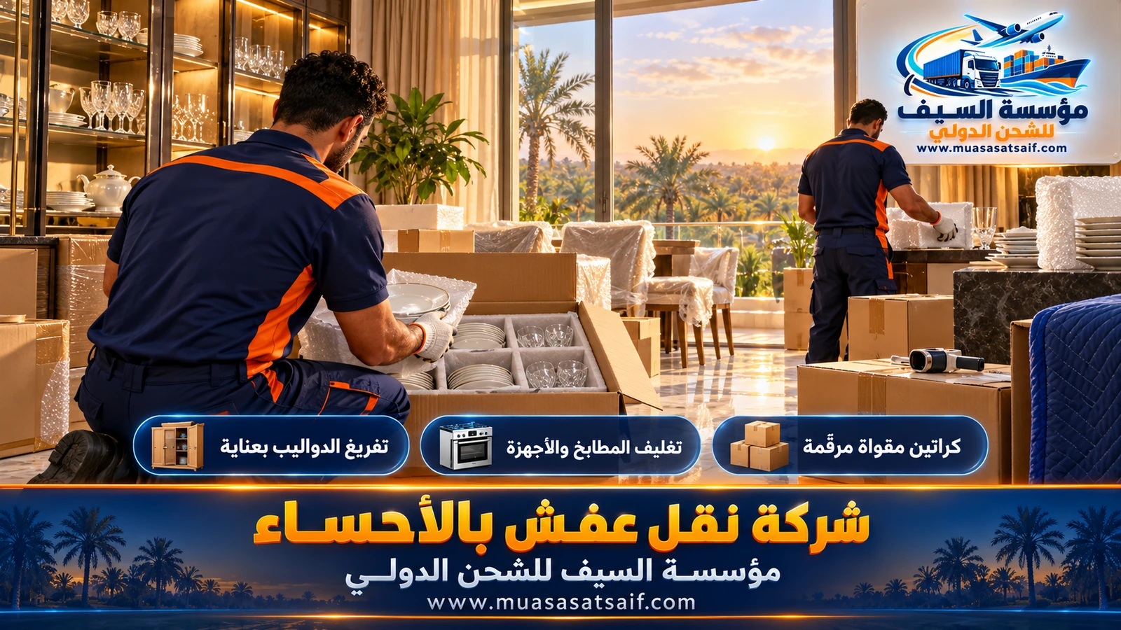 تغليف كنب ومراتب بالنايلون الكامل ضد الغبار والرطوبة قبل النقل في الأحساء