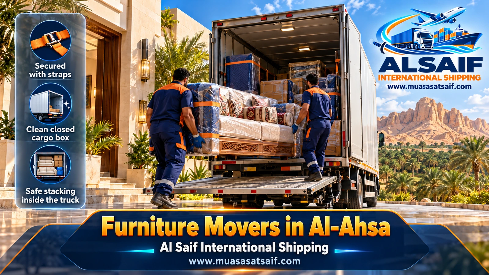 Loading wrapped furniture into a closed truck outside a village house in Al Ahsa