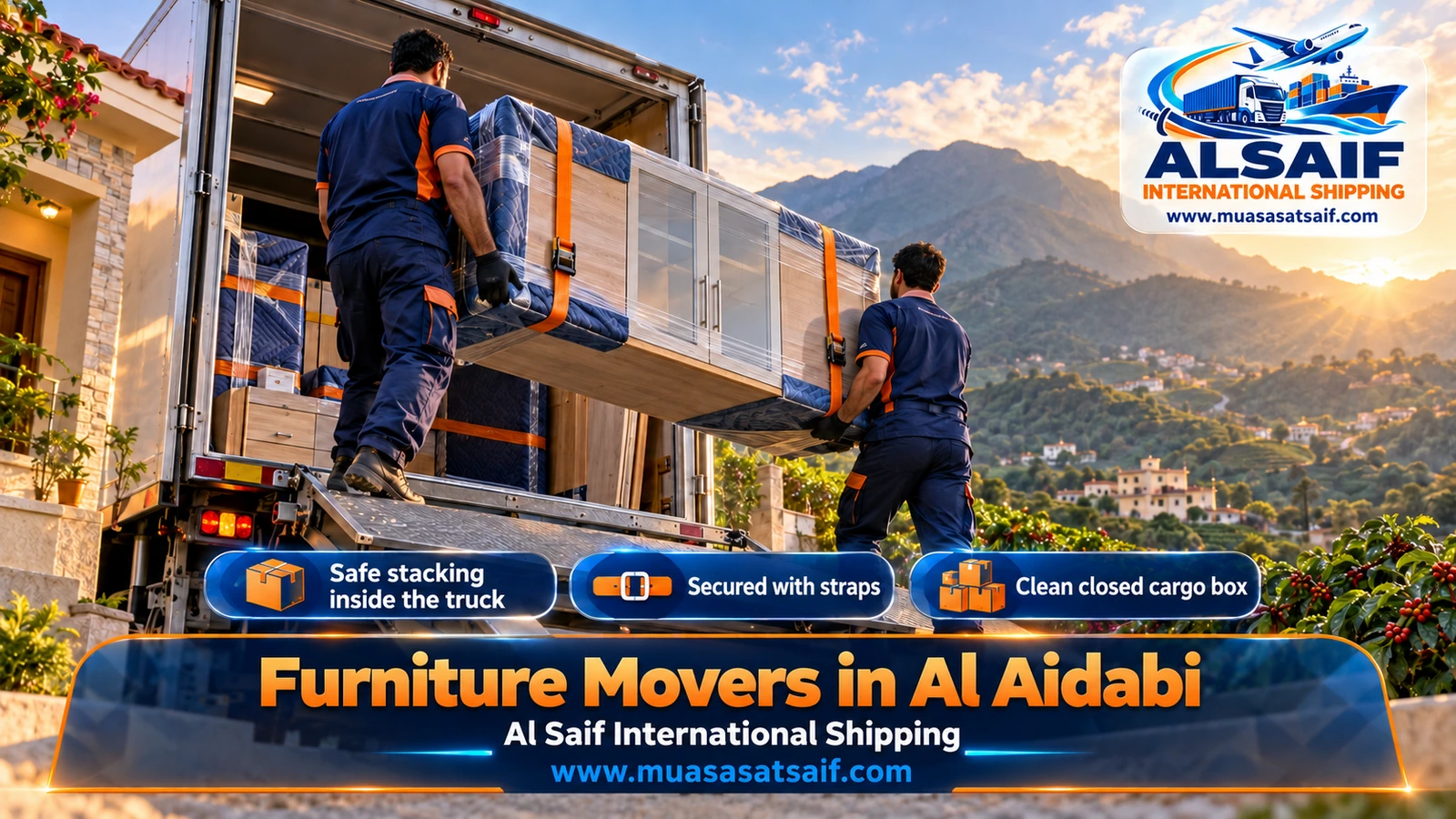 Wrapped furniture loaded into a closed dyna outside a rural home for furniture moving in Al Aidabi