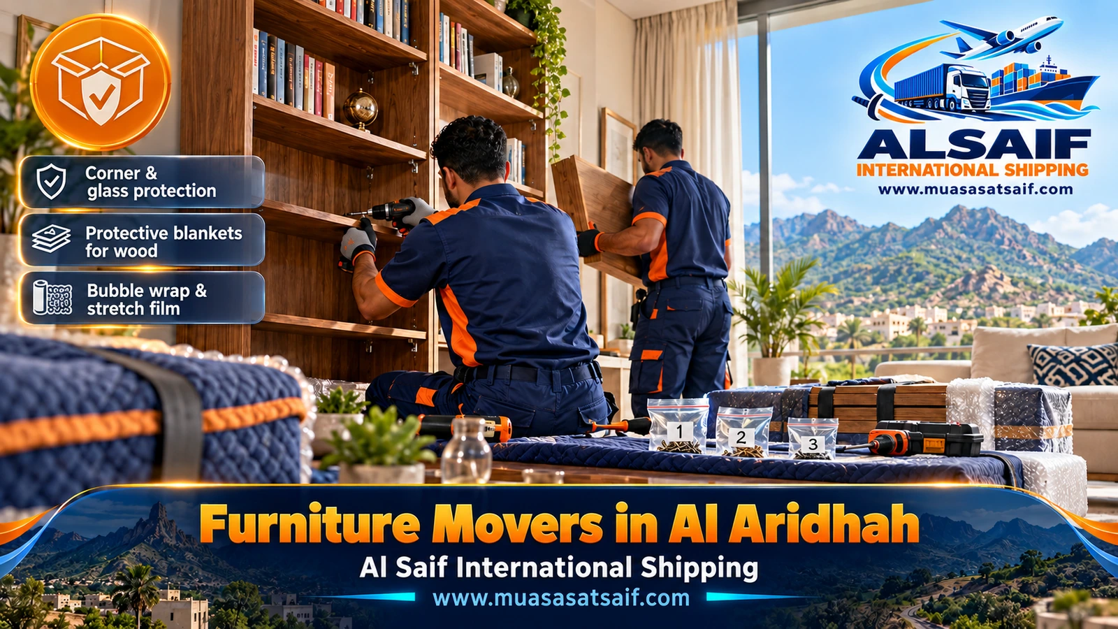 Furniture wrapped in thick layers against vibration on mountain roads in Al Aridhah