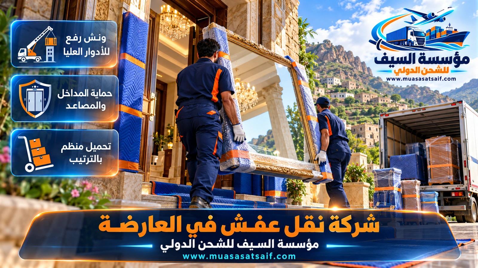 تحميل أثاث مغلف في دينا مغلقة وتثبيته بالأحزمة استعداداً للطريق الجبلي في العارضة