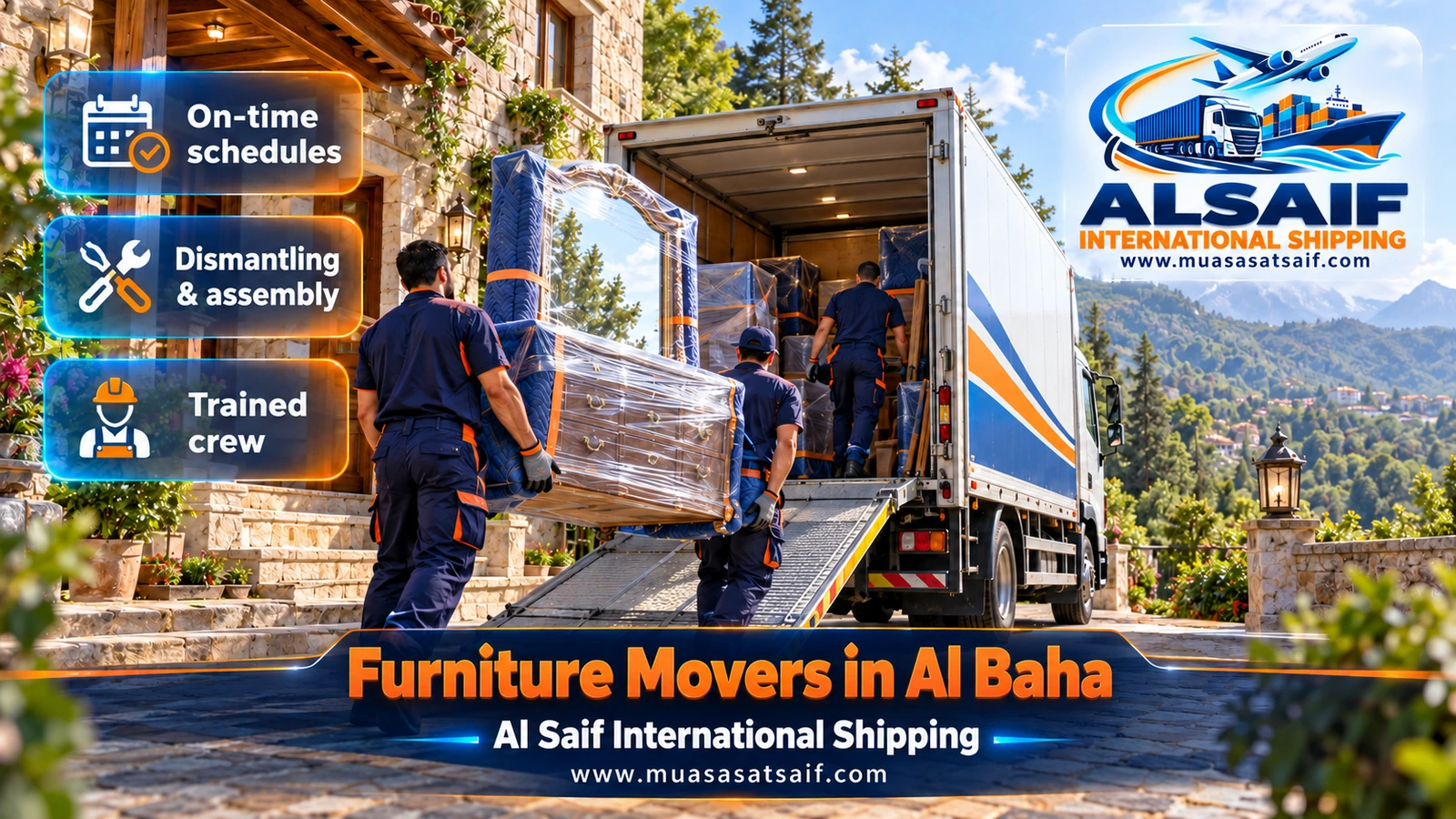 Furniture Movers in Al Baha | Dismantling, Two-Layer Packing & Moves to Baljurashi, Al Mandaq, Al Aqiq and Mountain Villages