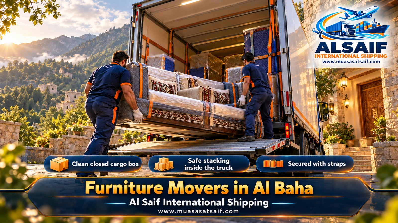 Strapped furniture in a closed dyna before descending the pass from Al Baha to Tihama