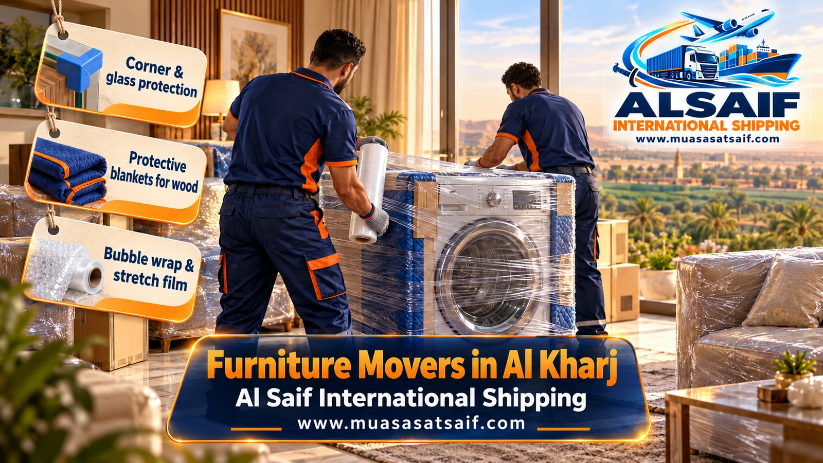 Wrapping mattresses and sofas in plastic to protect them from dust during a move in Al Kharj