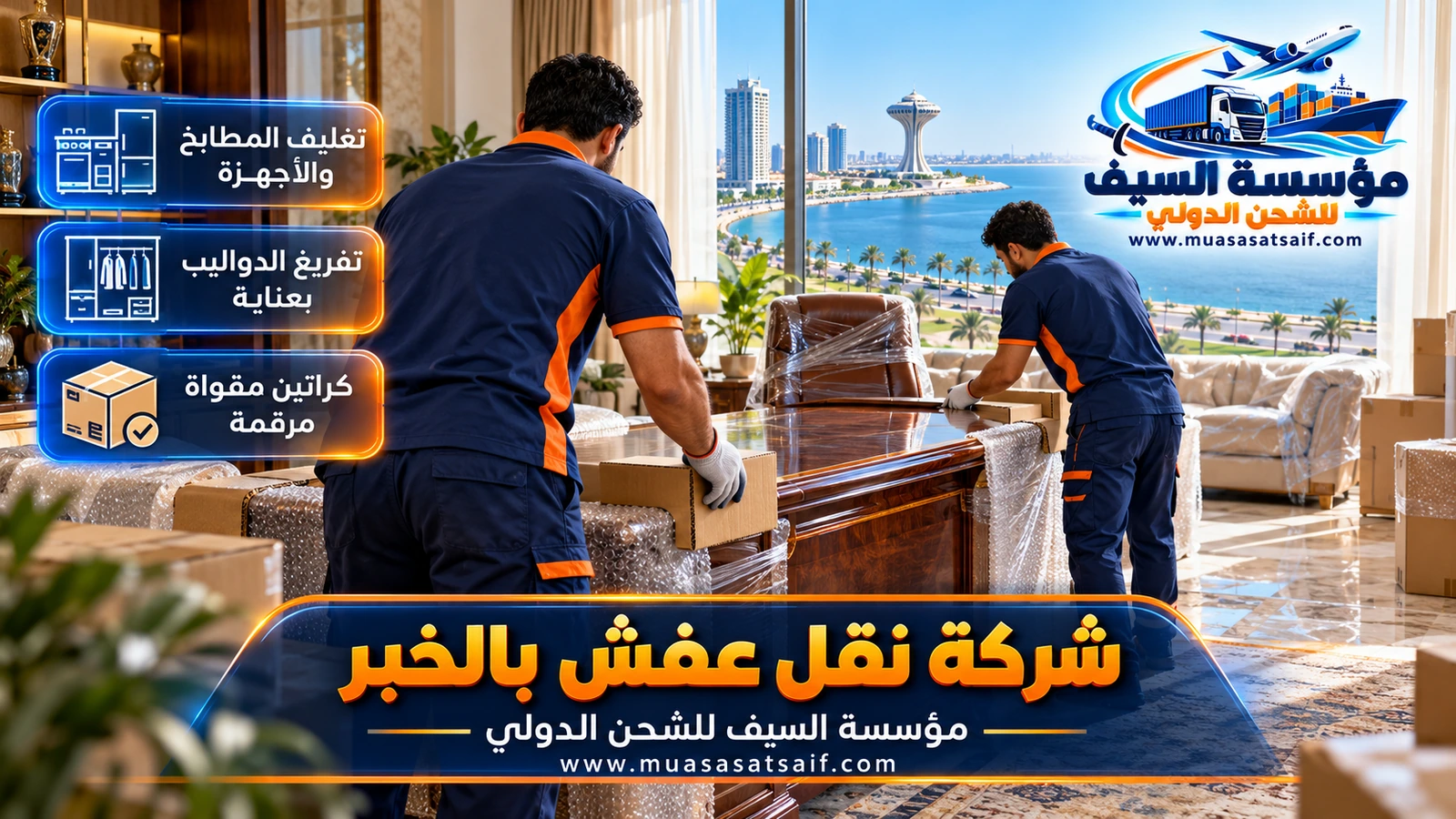 تغليف أثاث شقة في برج بالخبر داخل الشقة قبل حجز مصعد الخدمة