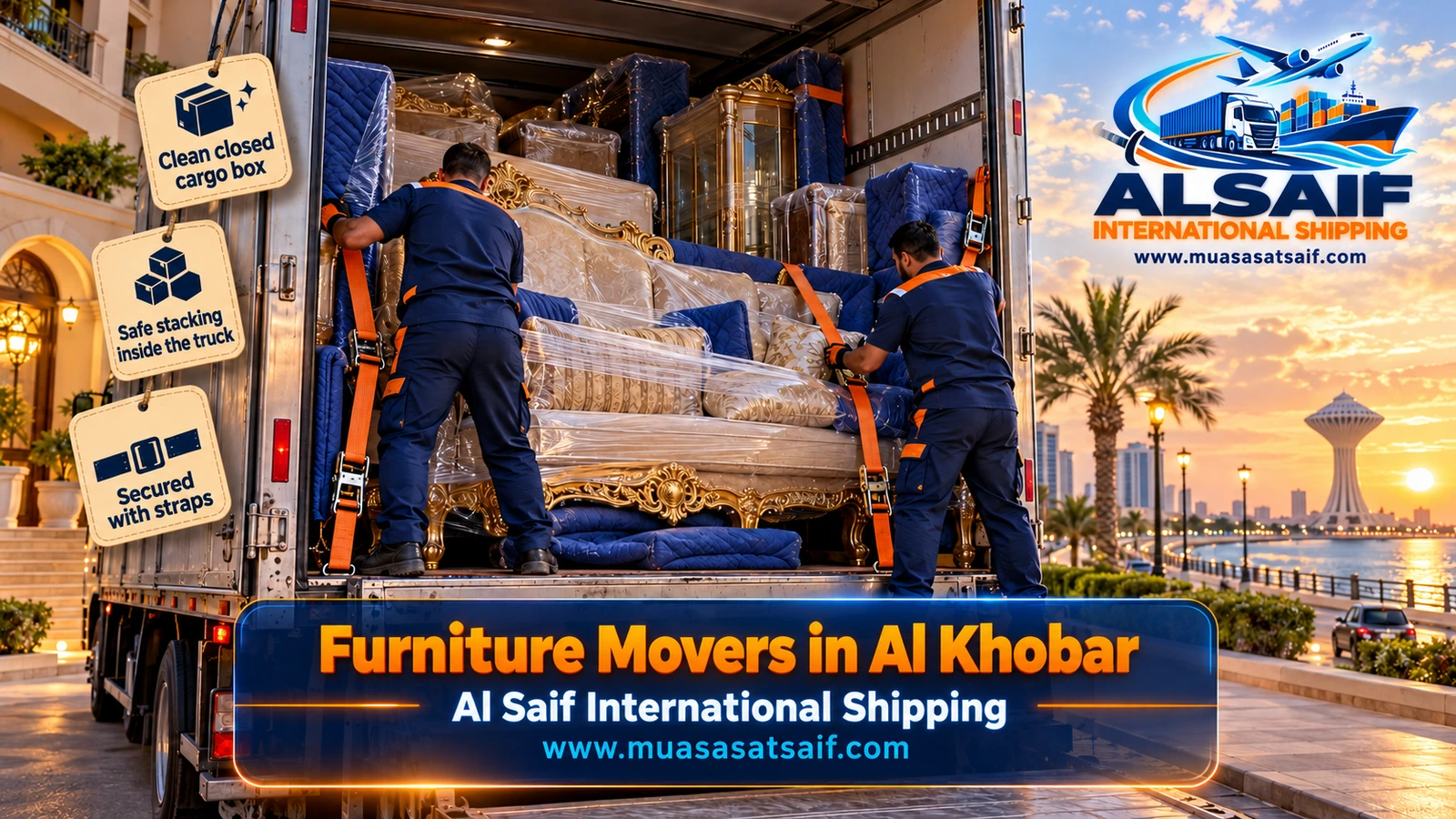 Loading wrapped furniture into a closed dyna outside a building in Al Aqrabiyah, Al Khobar