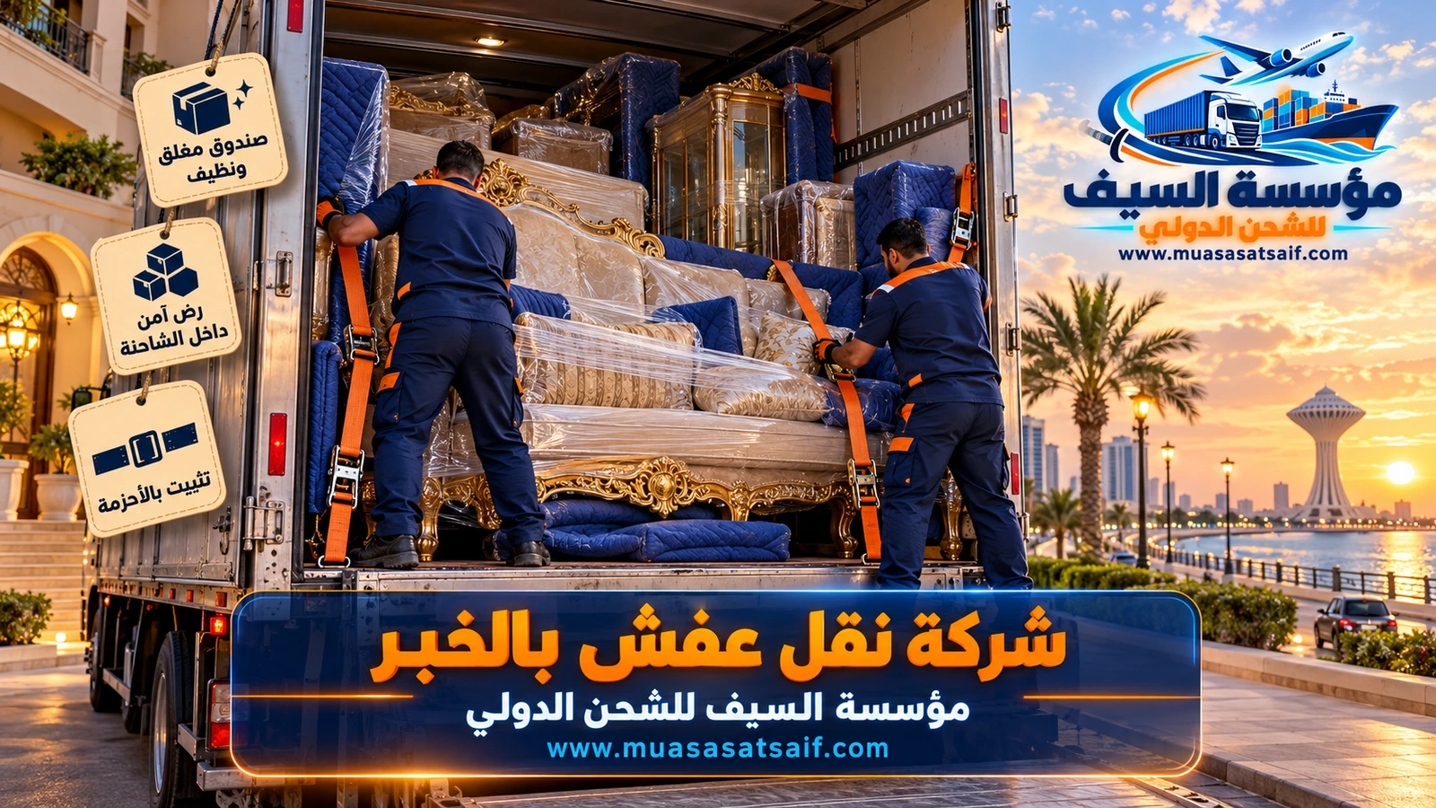 تحميل الأثاث المغلف في دينا مغلقة أمام عمارة في حي العقربية بالخبر