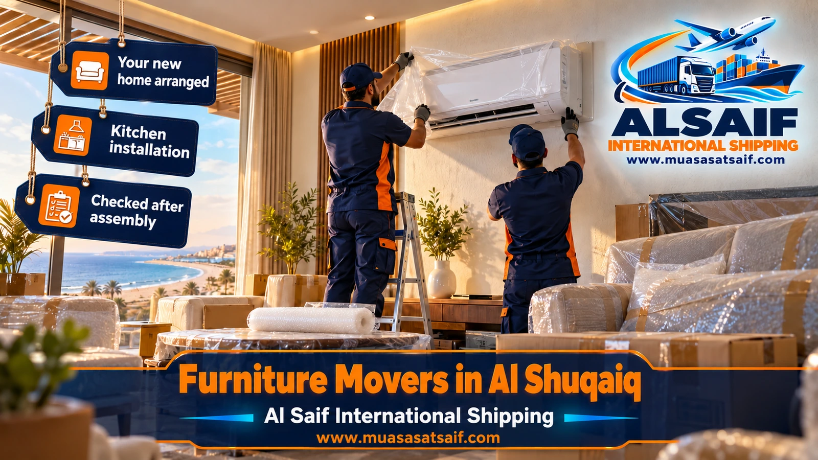 Carpenter assembling a bed and wardrobe in a new apartment after furniture moving in Al Shuqaiq