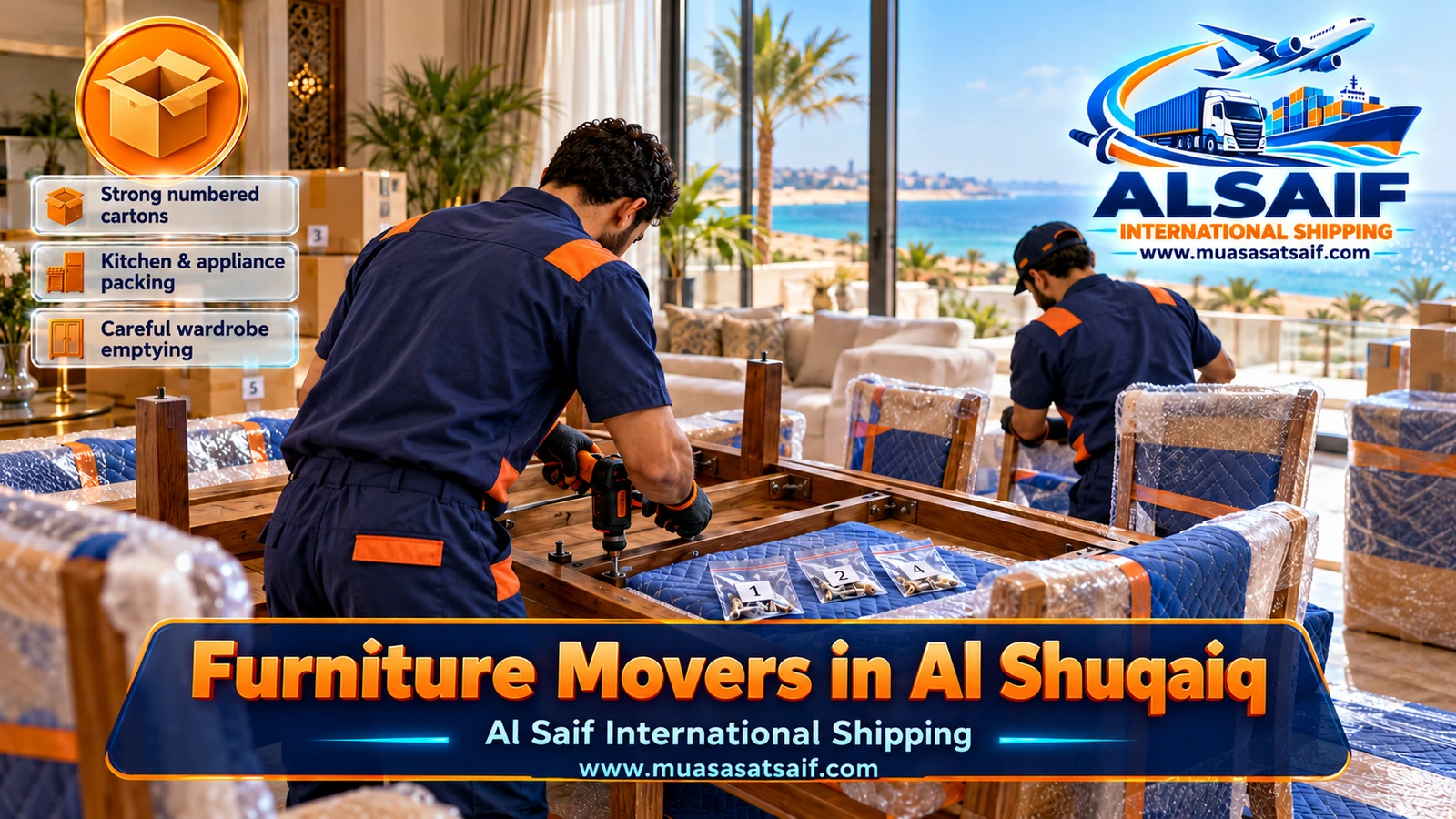 Movers wrapping appliances and furniture in protective layers against sea humidity for furniture moving in Al Shuqaiq