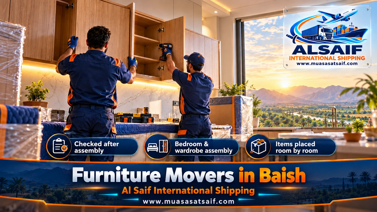 Carpenter reassembling a wardrobe and bed in a new villa in Baish