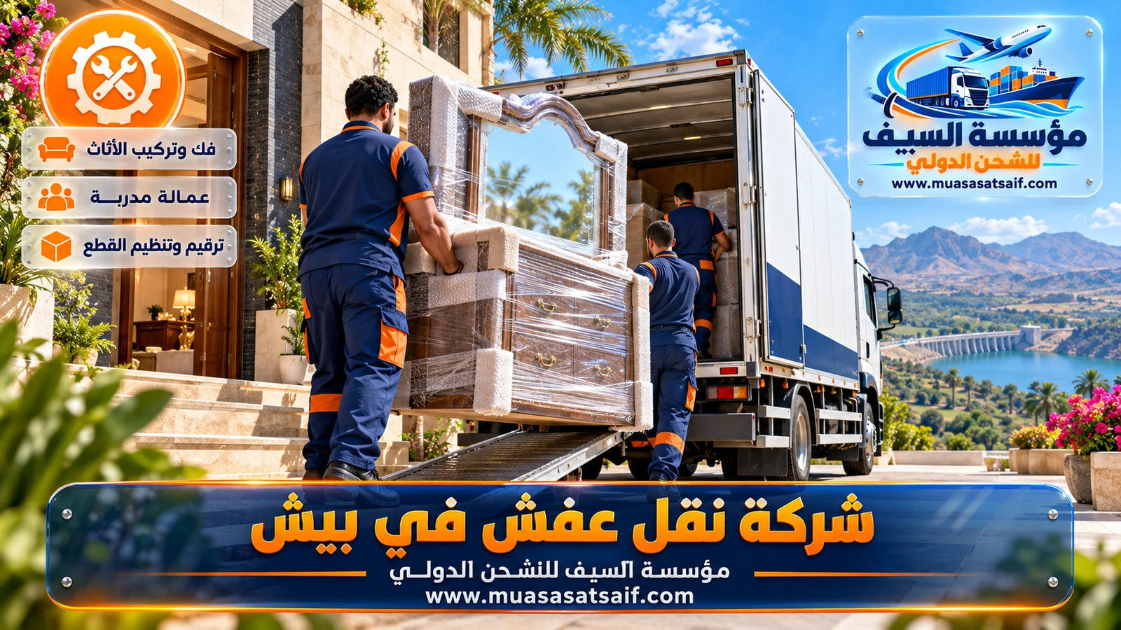 شركة نقل عفش بيش | فك وتغليف ضد الرمل والرطوبة ونقل الموظفين على الطريق الساحلي
