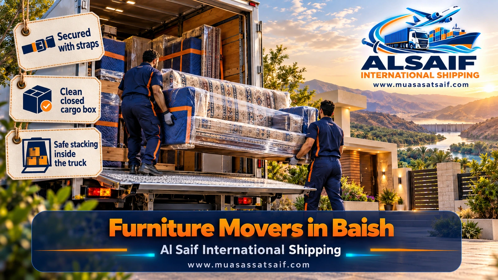 Wrapped furniture strapped in a closed truck ready for the coastal highway from Baish