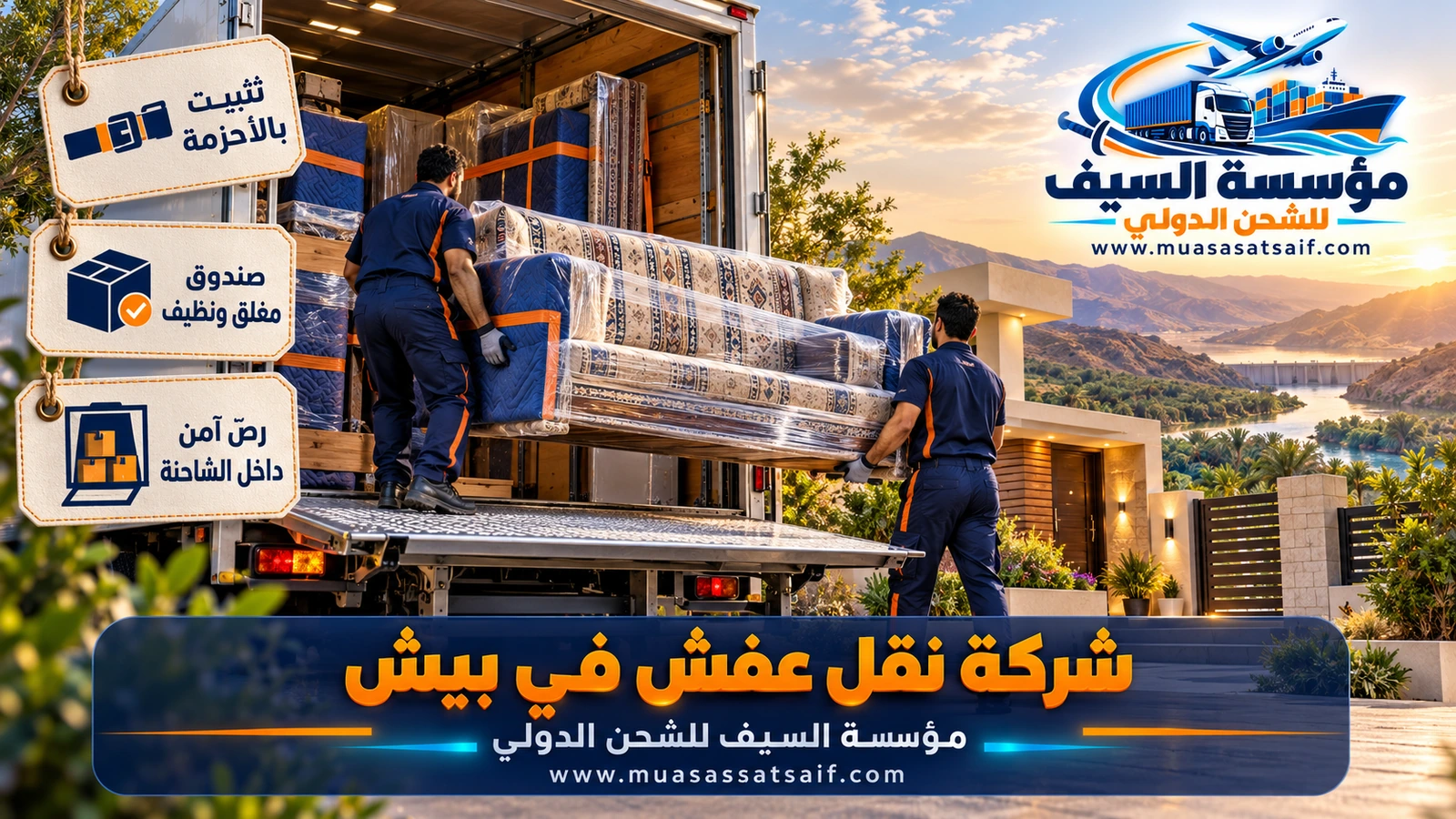 تحميل أثاث مغلف في دينا مغلقة وربطه استعداداً للطريق الساحلي من بيش