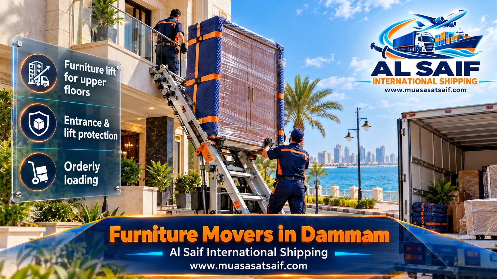 Wrapped furniture loaded into a closed truck by Dammam movers