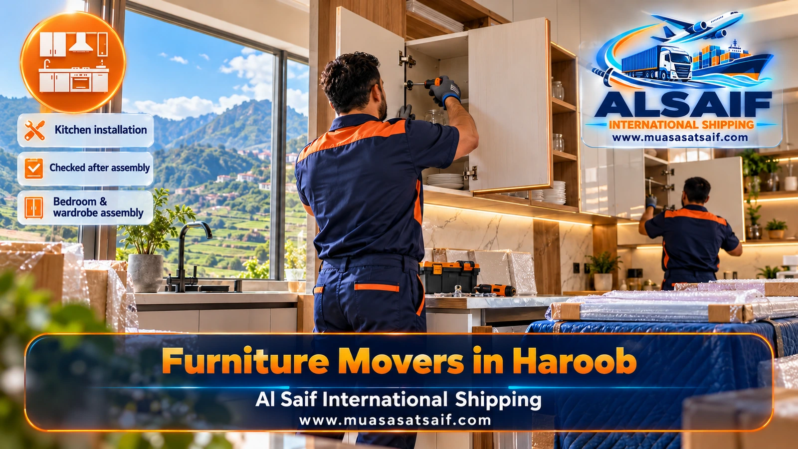 Carpenter reassembling a bed and wardrobe in a new home after furniture moving in Haroob