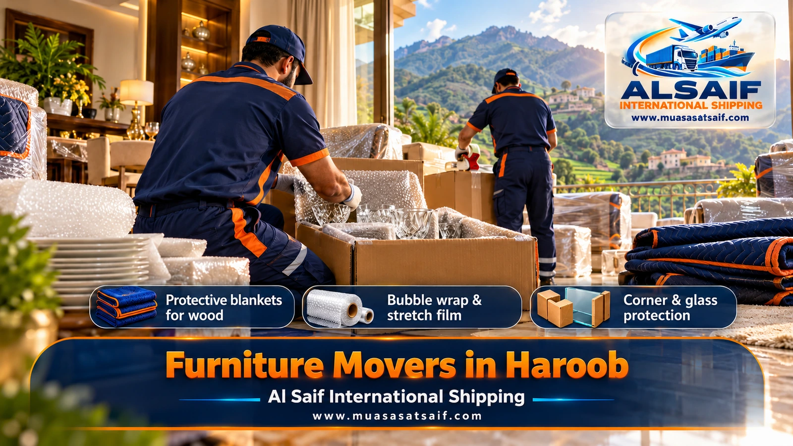 Sofas and appliances wrapped in moving blankets and plastic for furniture moving in Haroob