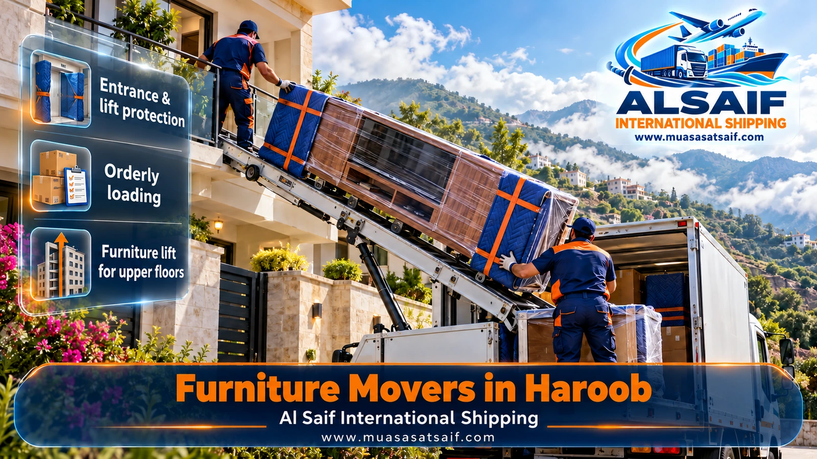 Wrapped furniture being loaded into a closed dyna on a mountain road for furniture moving in Haroob