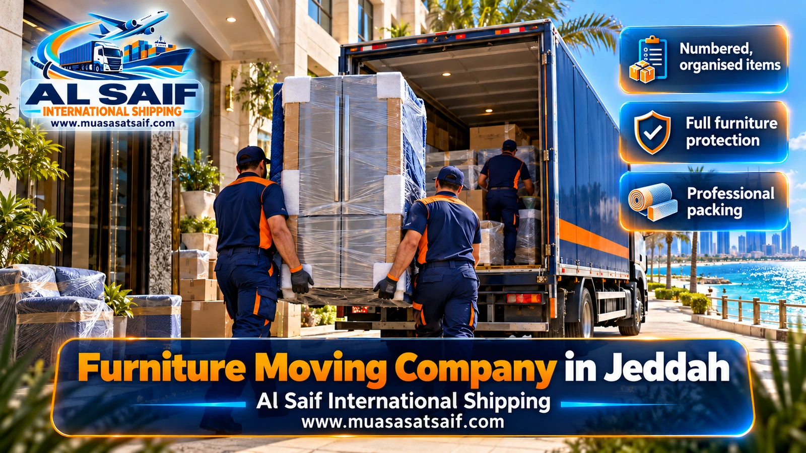 Furniture Moving in Jeddah | Dismantling, Humidity-Safe Packing, Winch & Reassembly