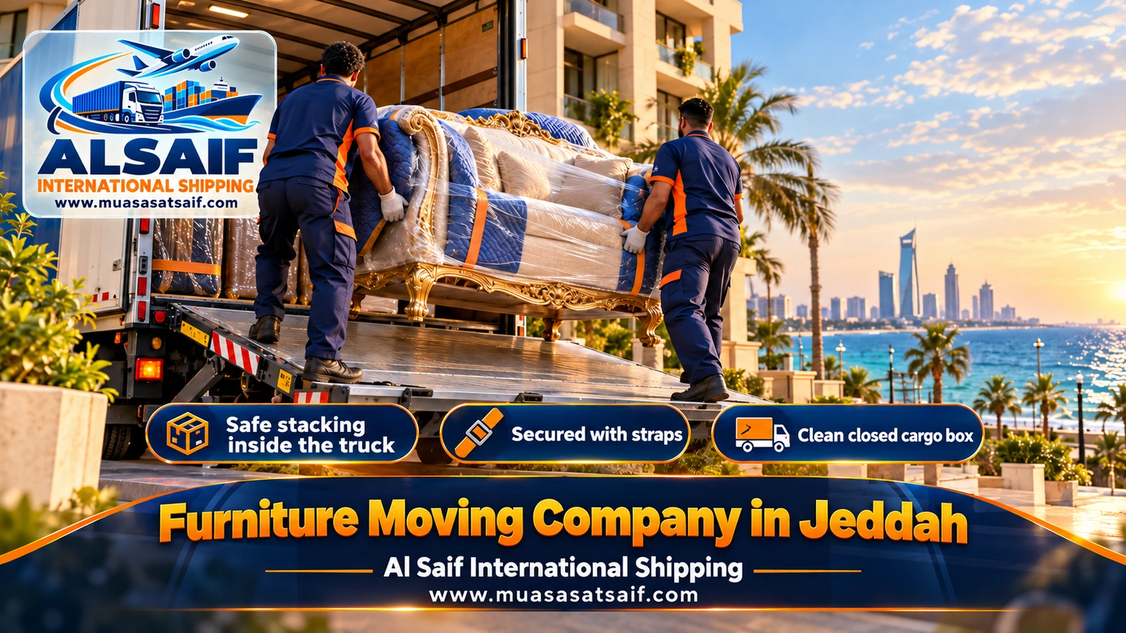 Loading furniture by winch onto a moving truck outside a Jeddah apartment building