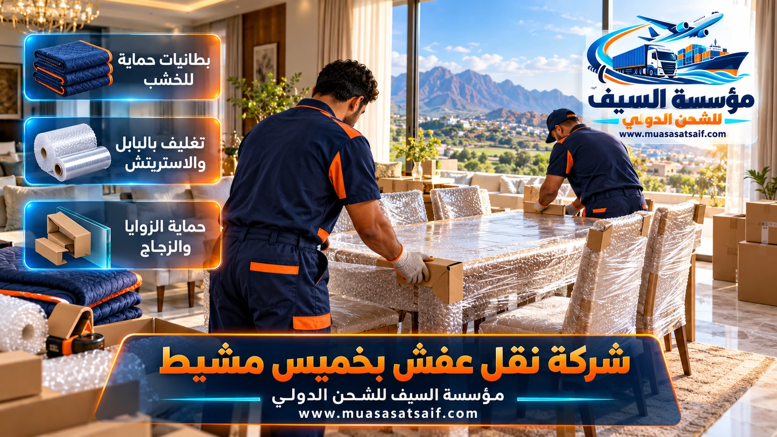 تغليف الكنب والمراتب بالنايلون قبل نقل العفش في خميس مشيط لحمايتها من المطر