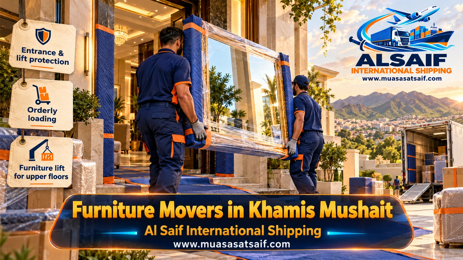 Wrapped furniture being loaded into a closed dyna truck in Khamis Mushait