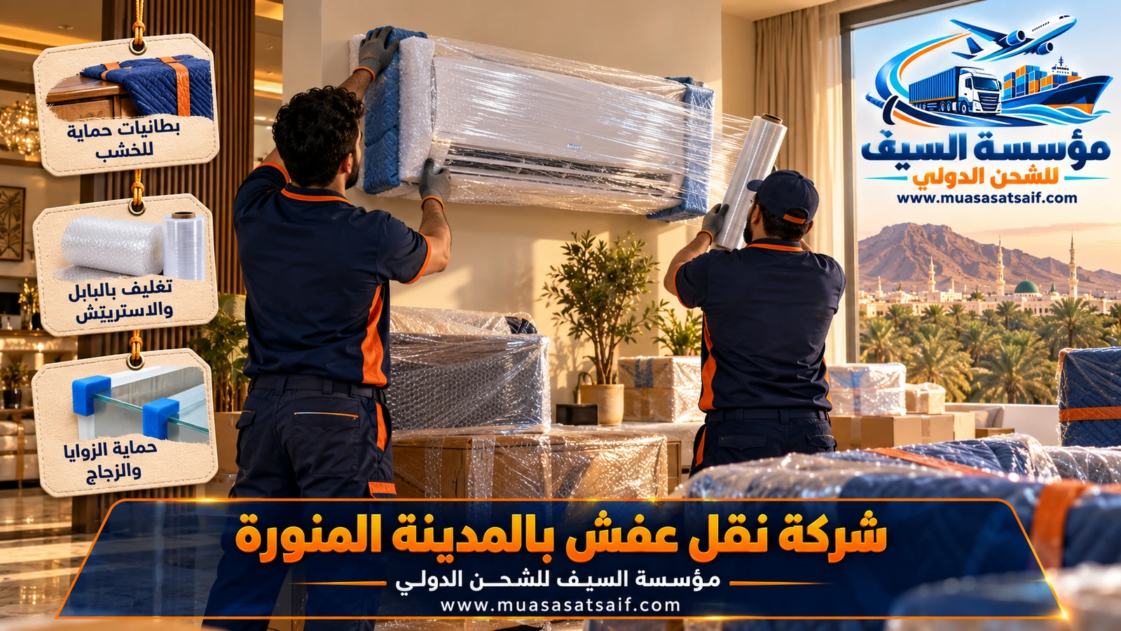 تغليف الكنب والأجهزة بالبلاستيك والكرتون قبل نقل العفش في المدينة المنورة