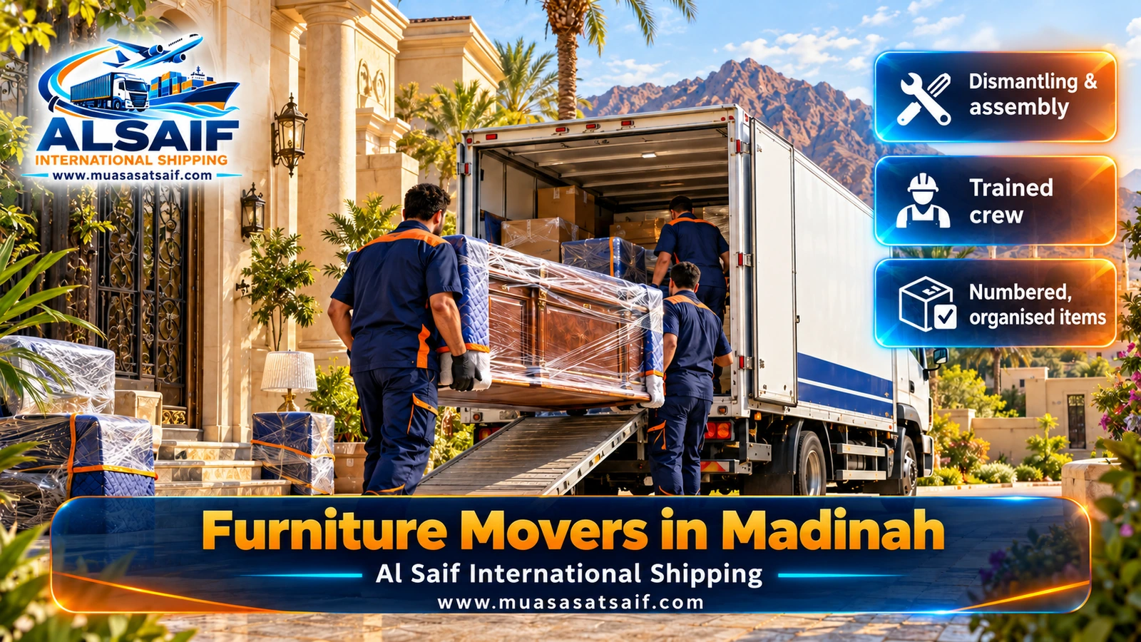 Furniture Movers in Madinah | Dismantling, Packing, Winch Lifting & Reassembly