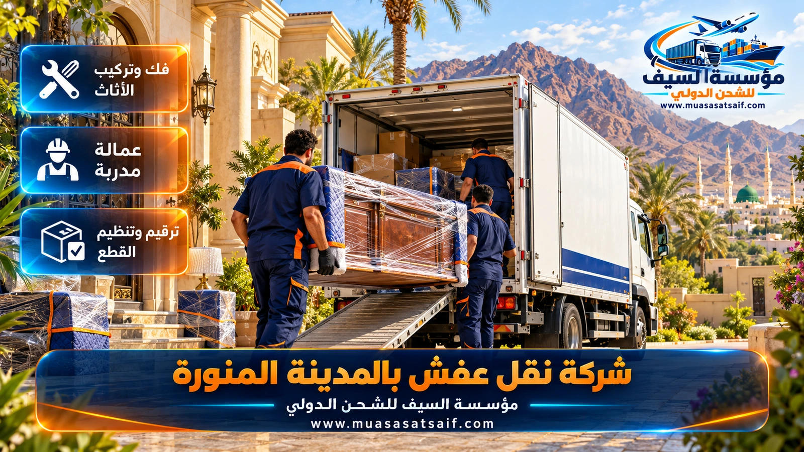 شركة نقل عفش بالمدينة المنورة | فك وتغليف وونش وتركيب من قباء إلى العيون