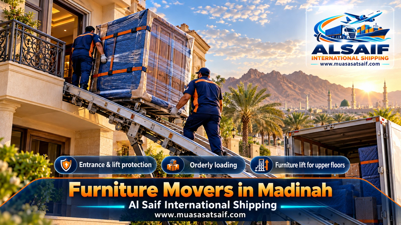 Furniture being lifted by winch into a closed truck from a Madinah apartment block