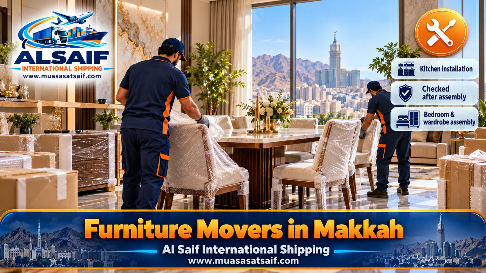 Carpenter reassembling a bedroom wardrobe in a new home after a Makkah furniture move