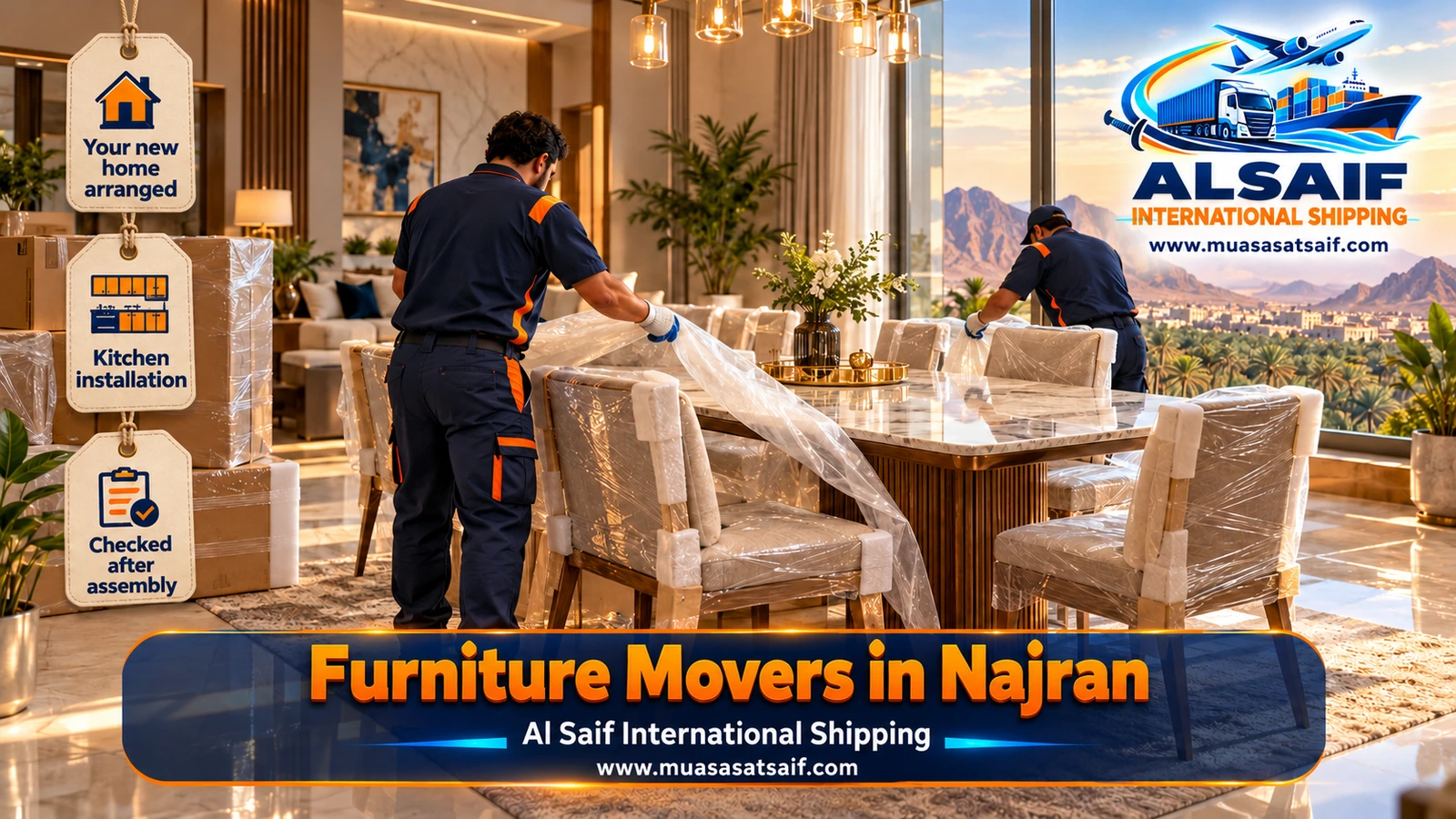 Carpenter assembling a bed in a new villa in Prince Mishal district after a Najran furniture move