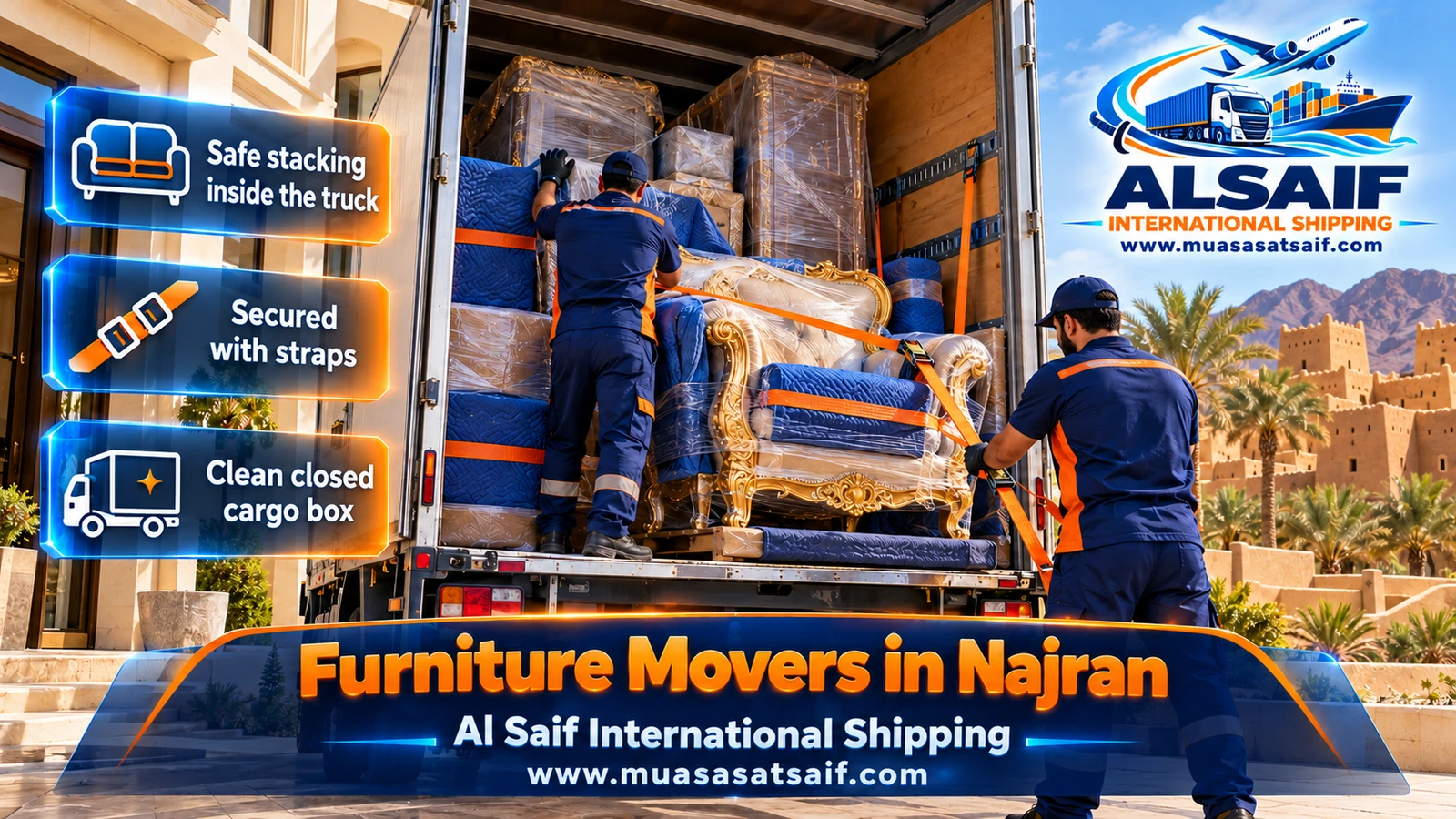 Furniture strapped inside a closed dyna during furniture moving in Najran