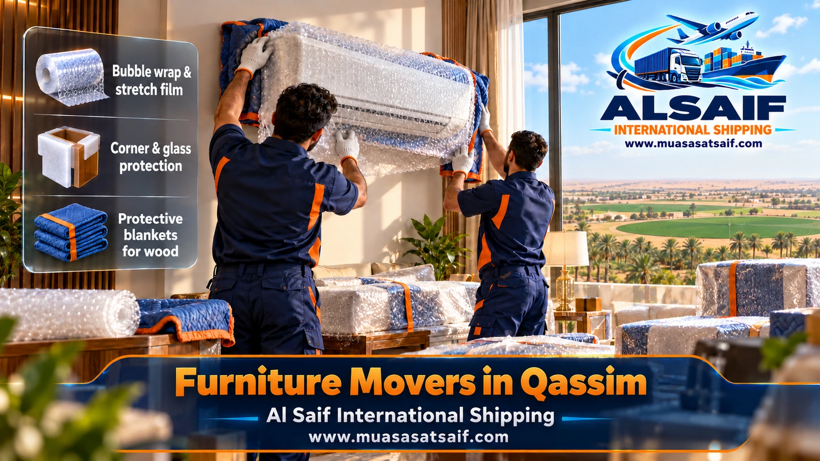 Majlis floor seating and sofas sealed in plastic against dust before a move in Qassim