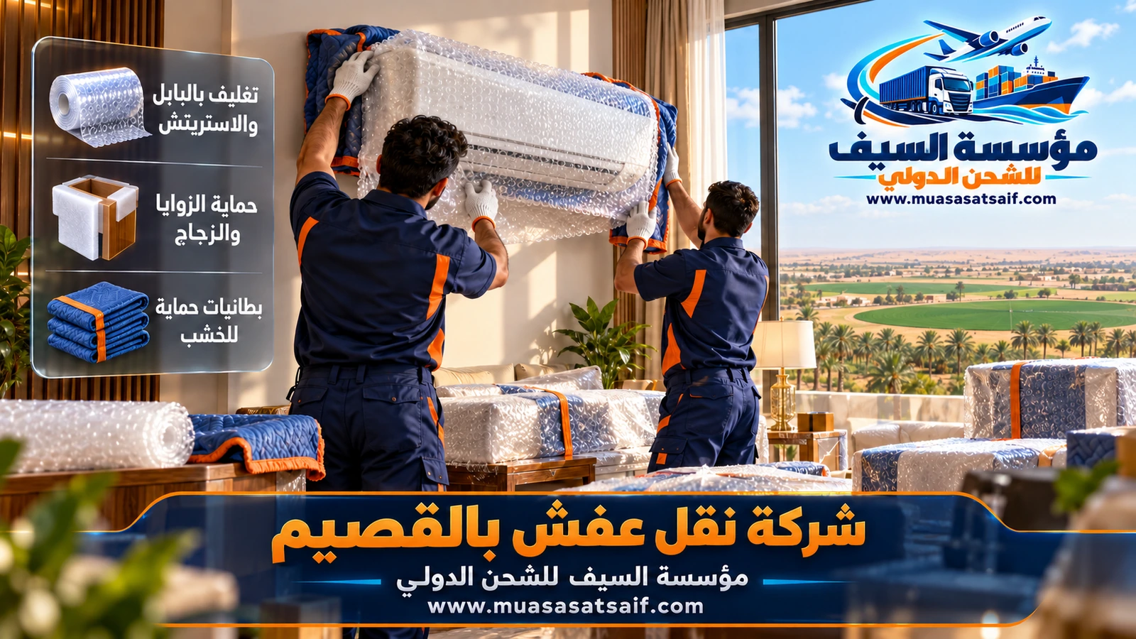 تغليف جلسات المجلس الأرضي والكنب بالنايلون ضد الغبار قبل النقل في القصيم