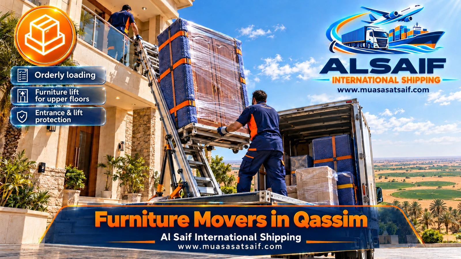 Loading the furniture of a large house into a closed truck in Qassim