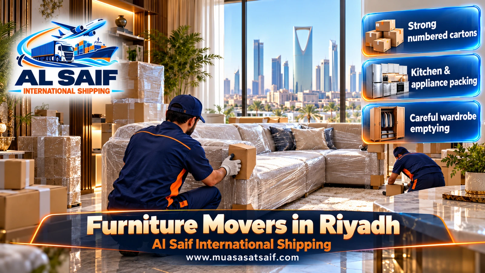 Movers in Riyadh wrapping sofas and mattresses in plastic and blankets