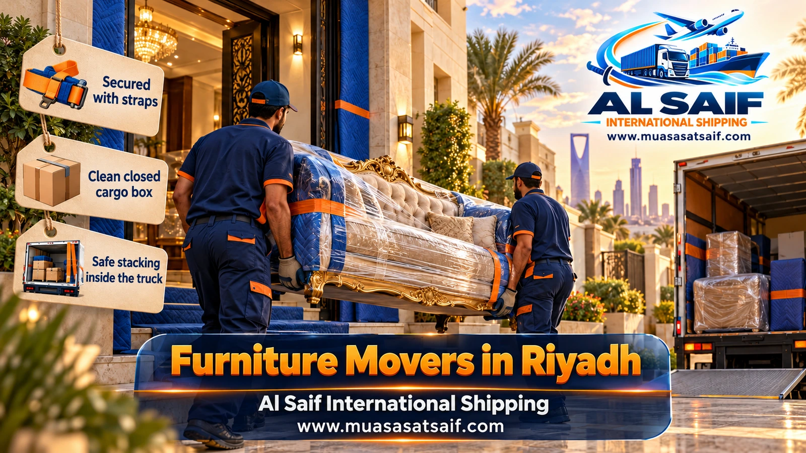 Furniture being winched from an upper floor into a closed dyna in Riyadh