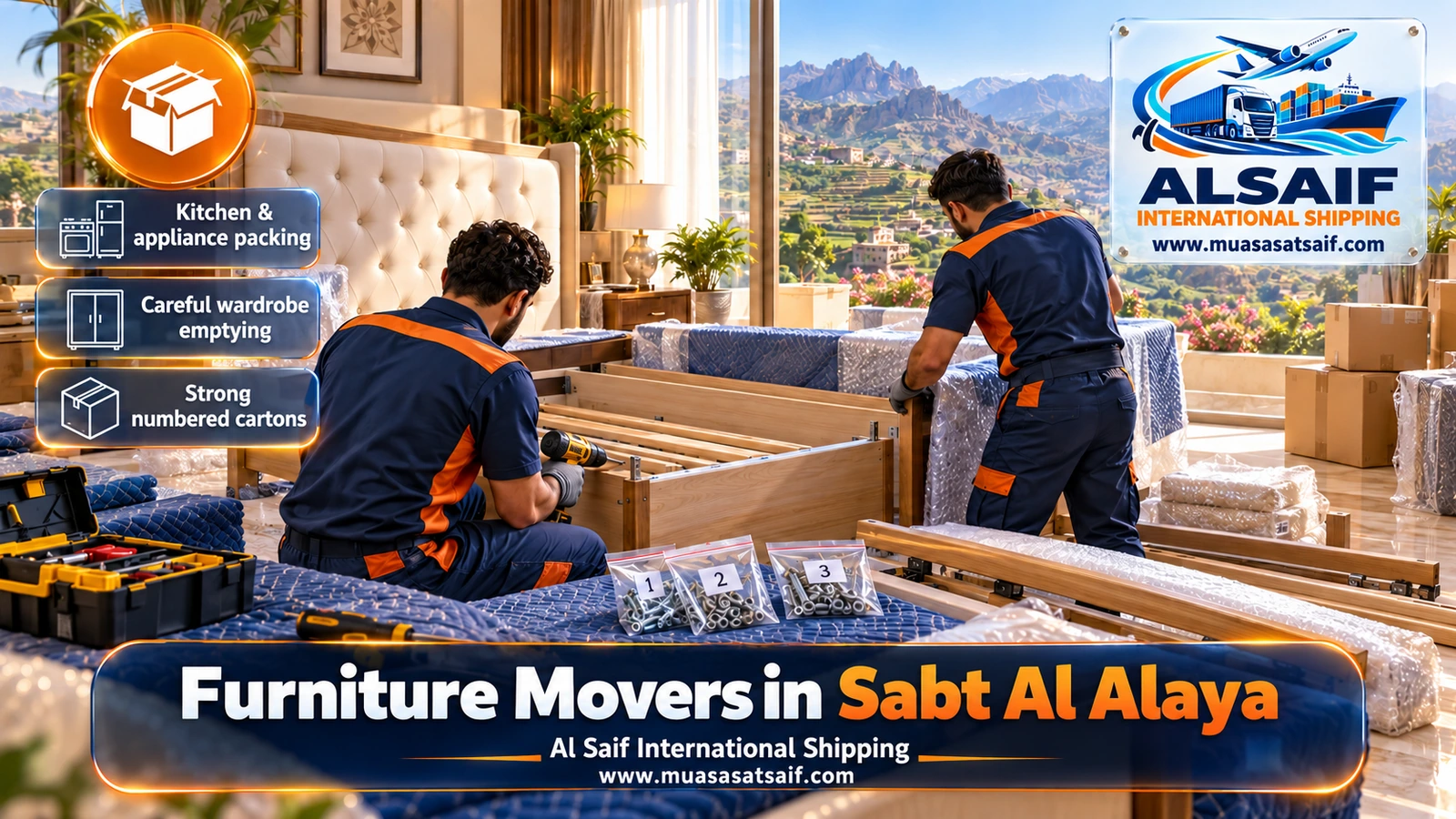 Majlis coffee pots and cushions being wrapped before furniture moving in Sabt Al Alaya