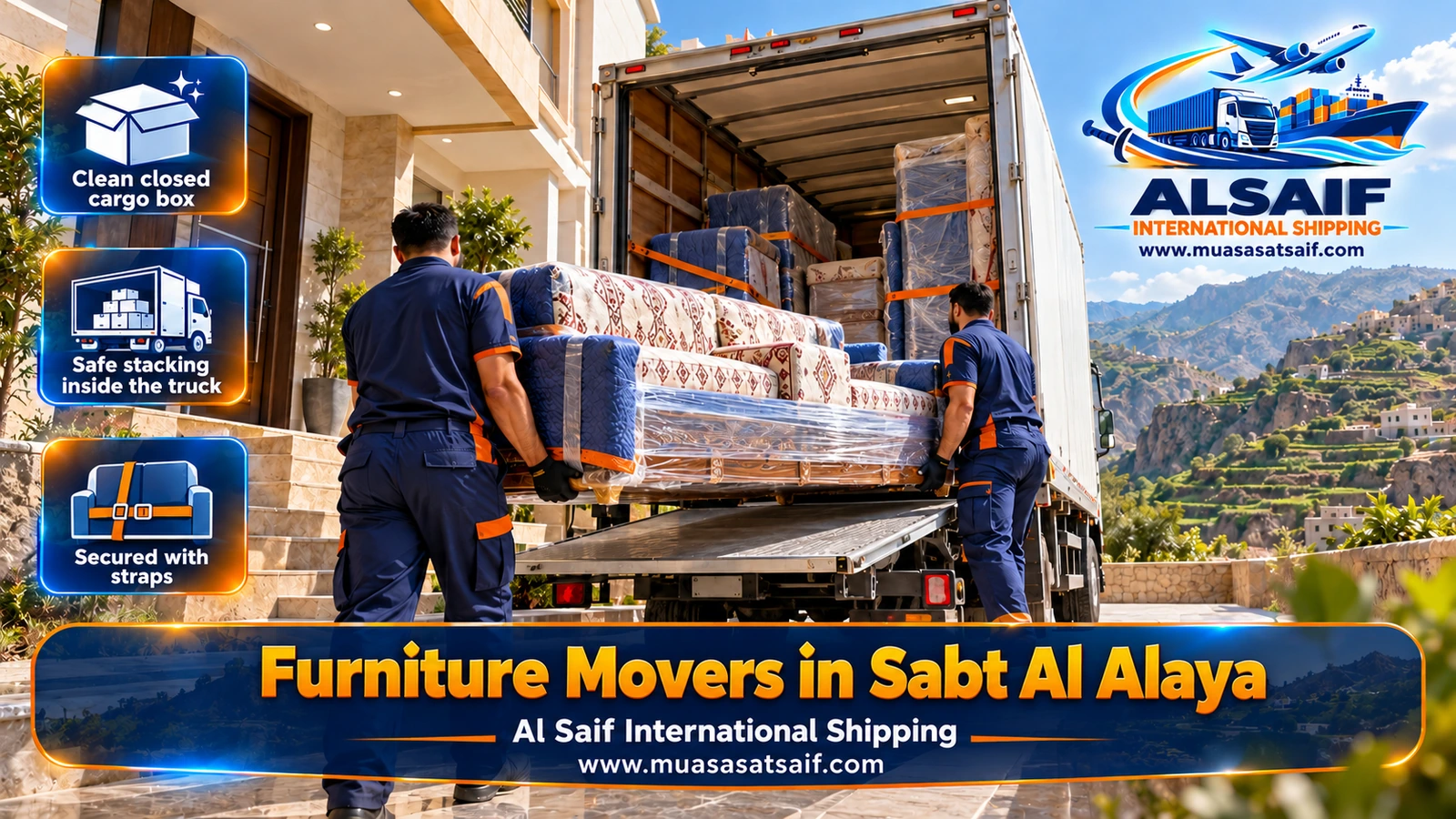 Wrapped furniture loaded into a closed dyna outside a standalone house in Sabt Al Alaya