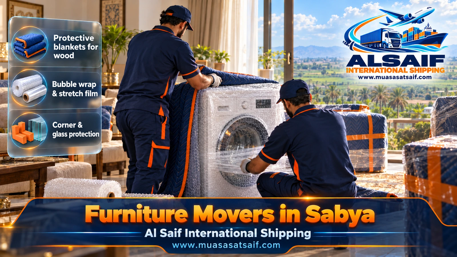 Sofas and wardrobes wrapped in moving blankets and bubble wrap for a move in Sabya