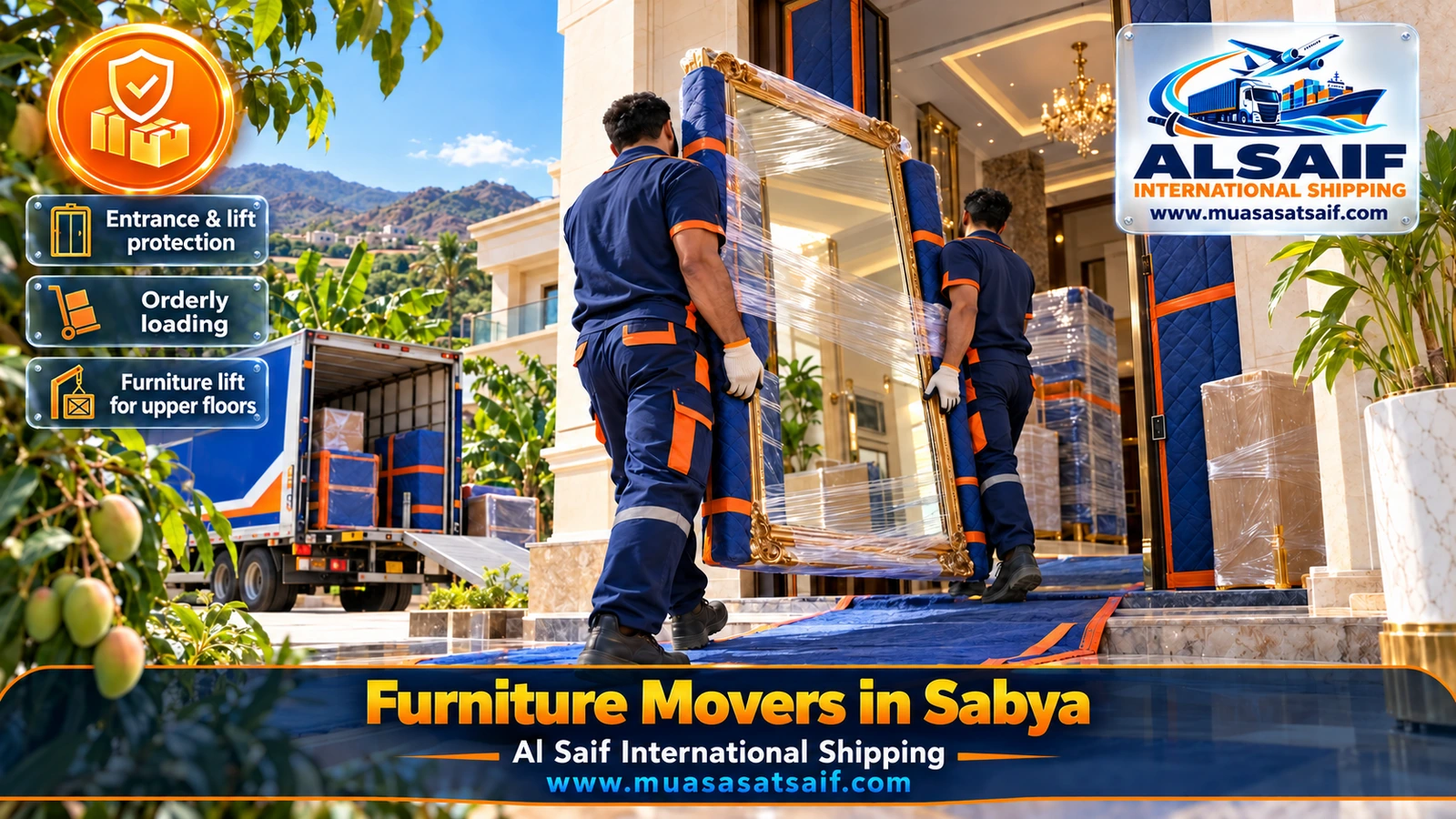 Wrapped furniture strapped inside a closed truck during a Sabya move
