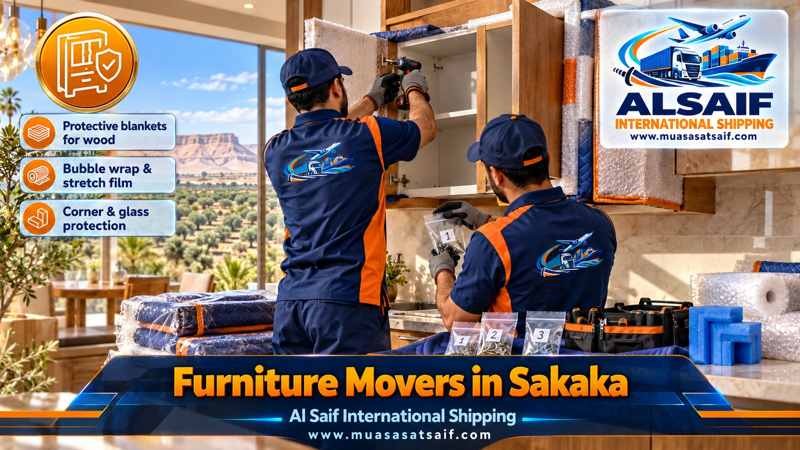 Kitchenware and olive oil tins packed in cartons before furniture moving in Sakaka