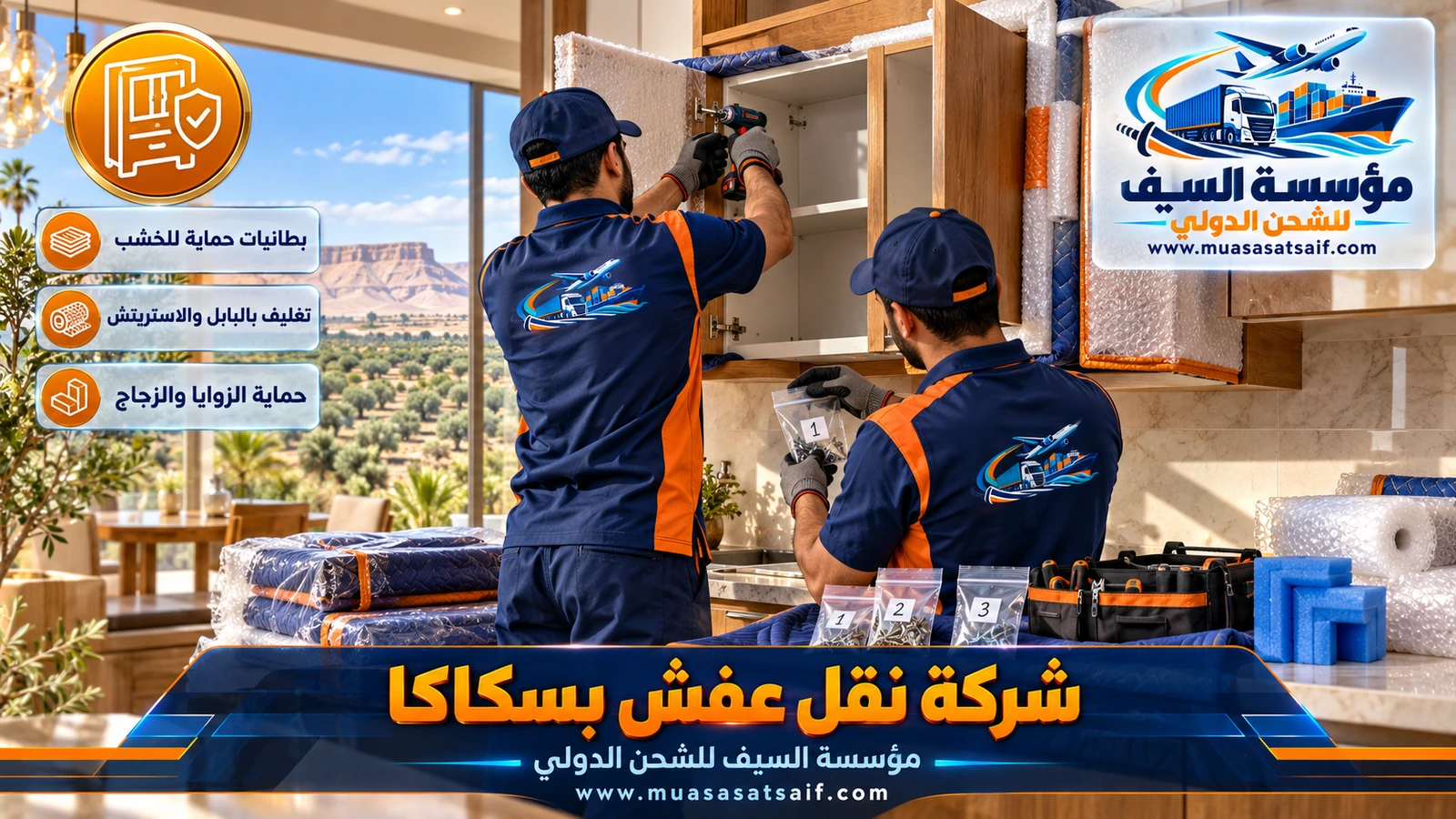تغليف الأواني وعلب زيت الزيتون في كراتين قبل نقل العفش في سكاكا