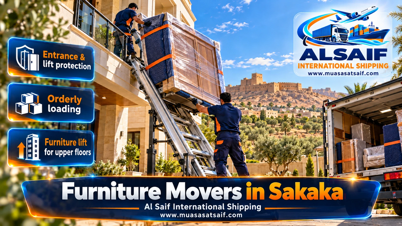 Wrapped furniture strapped inside a closed dyna during furniture moving in Sakaka