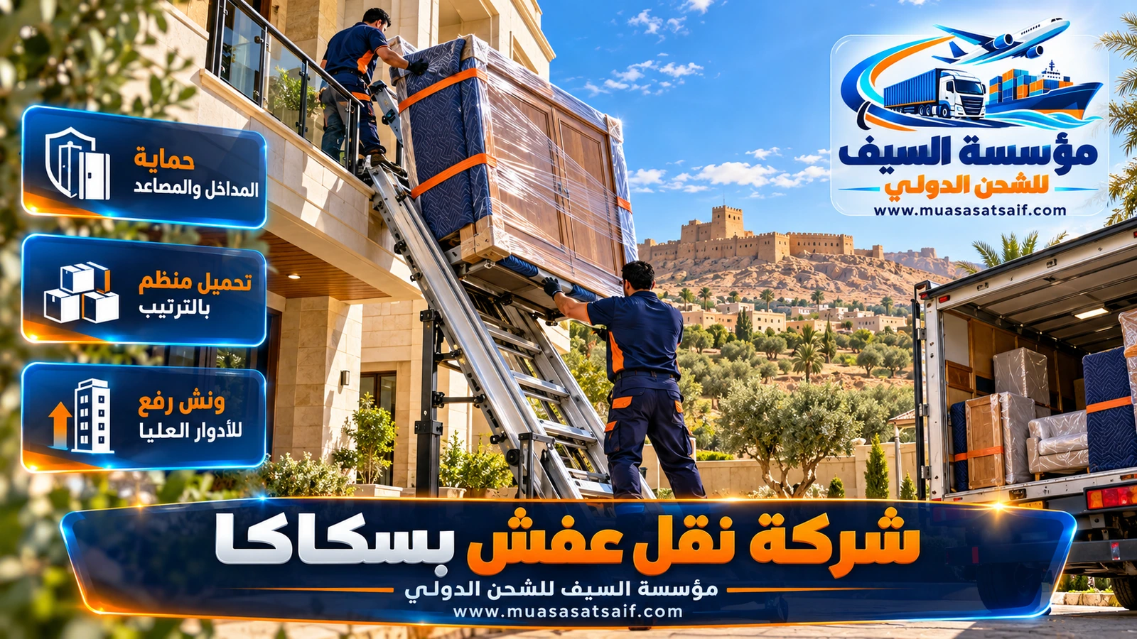 تحميل الأثاث المغلف في دينا مغلقة لدى شركة نقل عفش سكاكا مع ربط الحمولة