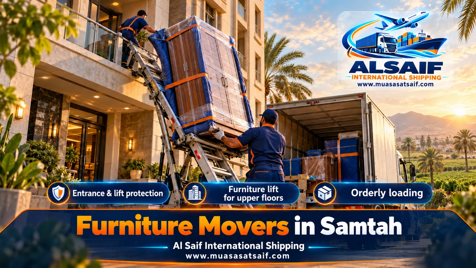 Furniture strapped into a closed truck ready for the road from Samtah to Jazan