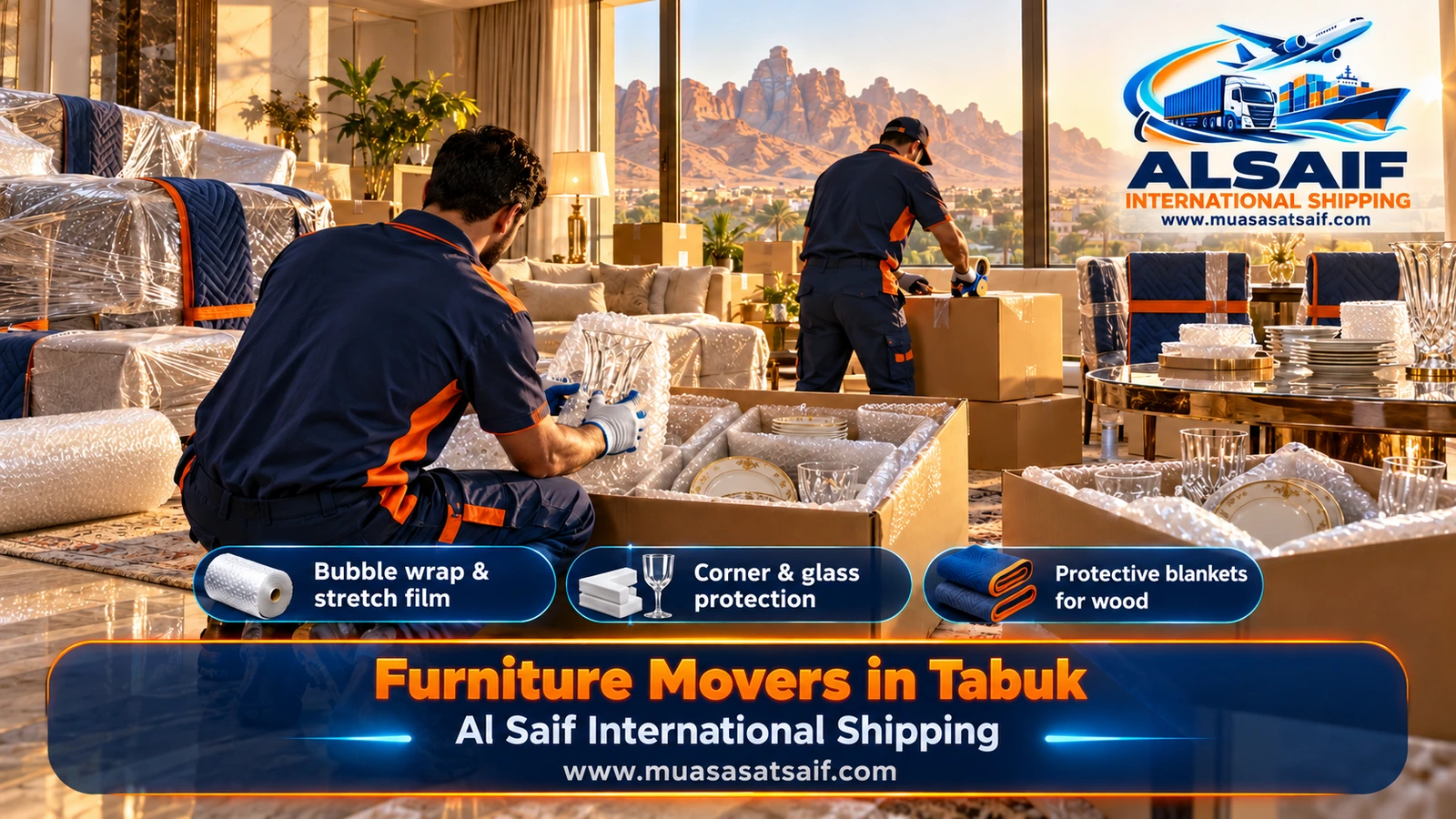 Sofas and mattresses wrapped against dust before furniture moving in Tabuk