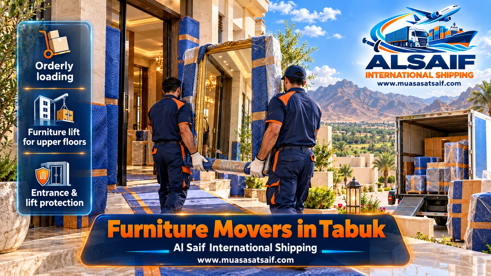 Furniture lifted by winch into a closed truck from a Tabuk apartment block