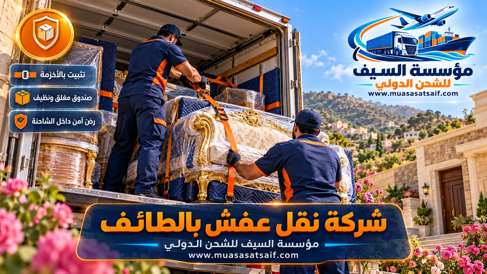 تحميل أثاث بالونش من شرفة عمارة في الطائف إلى دينا مغلقة