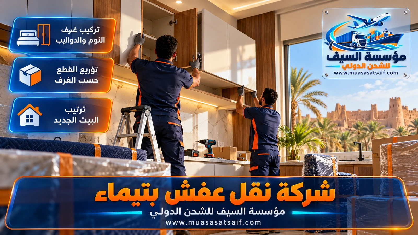 نجار شركة نقل عفش تيماء يعيد تركيب غرفة نوم في فيلا أرضية